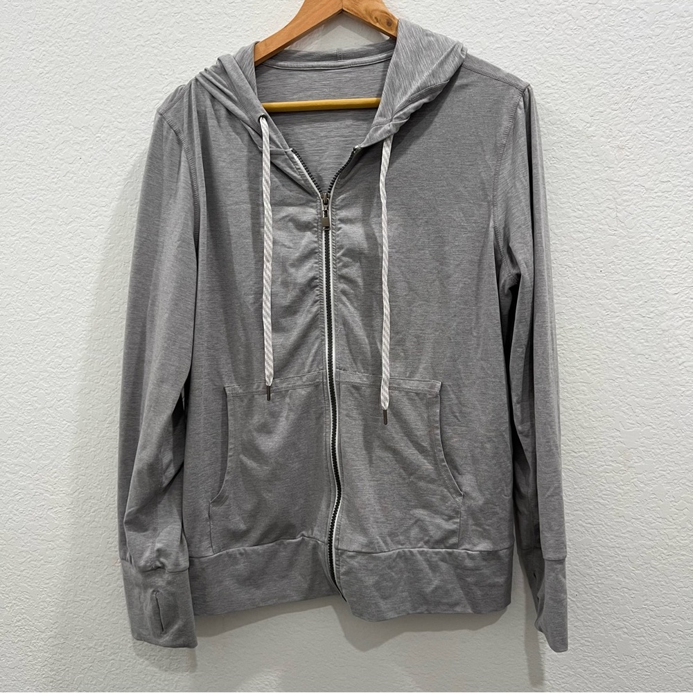 Grey Zip‎ Front Hoodie Size L With Pockets and Thumb Slots